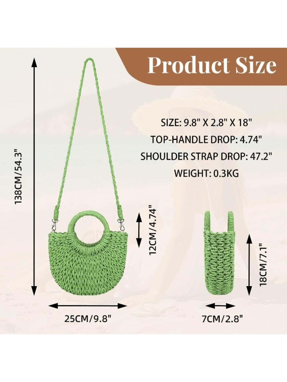 Women's Green Summer Beach Tote Purse Raffia Woven Crossbody Shoulder Bags - Picture 4 of 7